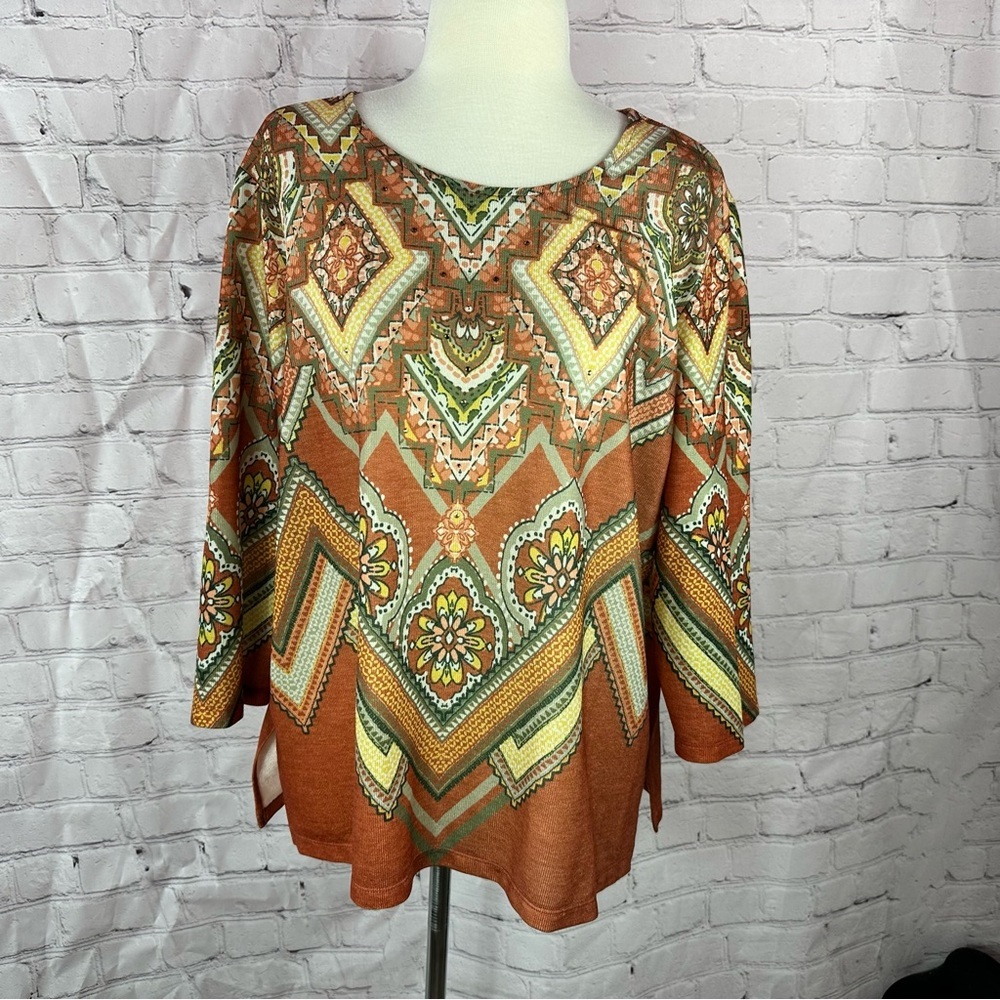 Alfred Dunner Earthy floral Geometric Blouse womens XL flowy boho artistic